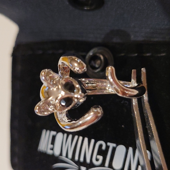 NWT #(2)Cute  Meowingtons cat Wrap Ring Black CZ Eyes glossy silver plate sz 8 - Picture 3 of 6